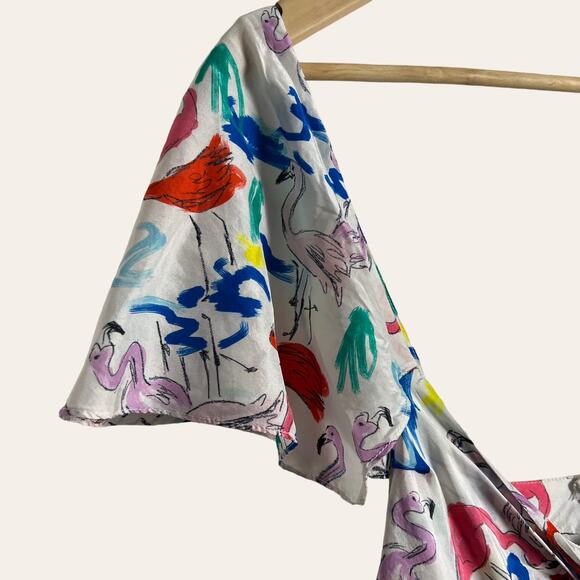 Tanya Taylor Tiegan Flamingo Print Silk Short Sleeve Midi Dress Size 6 - Picture 6 of 13